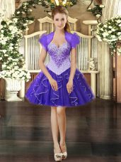 Sleeveless Organza Mini Length Lace Up Prom Dresses in Purple with Beading and Ruffles