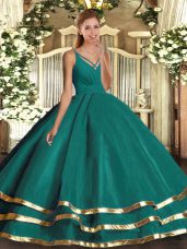 A-line Quinceanera Dress Turquoise V-neck Organza Sleeveless Floor Length Backless