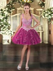 Hot Selling Sleeveless Mini Length Beading and Ruffles Zipper Prom Gown with Fuchsia