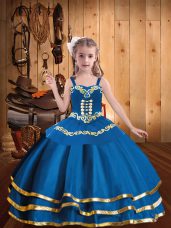 Blue Little Girl Pageant Dress Party and Sweet 16 and Quinceanera and Wedding Party with Embroidery and Ruffled Layers Straps Sleeveless Lace Up