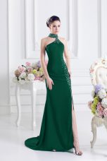 Colorful Dark Green Lace Up Halter Top Beading Elastic Woven Satin Sleeveless Sweep Train