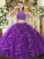 Customized Tulle High-neck Sleeveless Zipper Beading and Ruffles Vestidos de Quinceanera in Purple