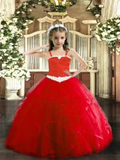 Perfect Red Straps Neckline Appliques and Ruffles Custom Made Sleeveless Lace Up