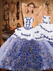 Multi-color Satin and Fabric With Rolling Flowers Lace Up Quinceanera Dress Sleeveless With Train Sweep Train Embroidery