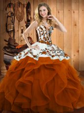 Rust Red Satin and Organza Lace Up Sweetheart Sleeveless Floor Length Sweet 16 Dress Embroidery and Ruffles