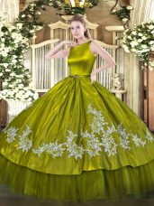 Satin and Tulle Scoop Sleeveless Clasp Handle Embroidery 15 Quinceanera Dress in Olive Green