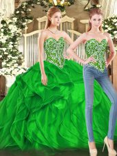 Green Sweetheart Lace Up Beading and Ruffles Quince Ball Gowns Sleeveless