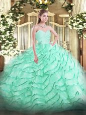 Admirable Apple Green Sleeveless Brush Train Beading and Ruffled Layers Quinceanera Gown