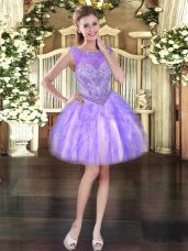 Lavender Tulle Lace Up Prom Gown Sleeveless Mini Length Beading and Ruffles