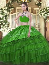 Sweet Sleeveless Floor Length Beading and Embroidery and Ruffles Backless Quinceanera Dresses with Green