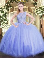 Nice Lavender Scoop Neckline Lace Quinceanera Gowns Sleeveless Backless