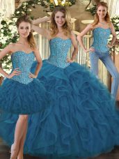 Amazing Teal Sleeveless Floor Length Beading and Ruffles Lace Up Sweet 16 Quinceanera Dress