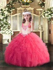 Cute Beading and Ruffles Teens Party Dress Hot Pink Lace Up Sleeveless Floor Length