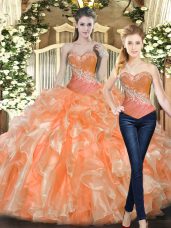 Glittering Orange Red Sleeveless Tulle Lace Up 15th Birthday Dress for Military Ball and Sweet 16 and Quinceanera