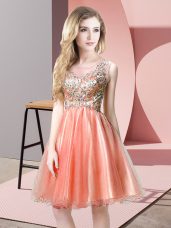 Pretty Peach A-line Beading Prom Party Dress Zipper Tulle Sleeveless Knee Length