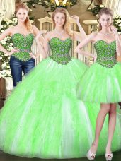 Most Popular Ball Gowns Sweetheart Sleeveless Tulle Floor Length Lace Up Beading and Ruffles Quinceanera Gown