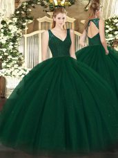 Discount Dark Green Backless Vestidos de Quinceanera Beading and Lace Sleeveless Floor Length
