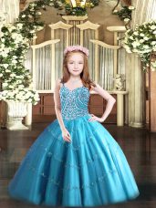 Baby Blue Tulle Lace Up Girls Pageant Dresses Sleeveless Floor Length Beading