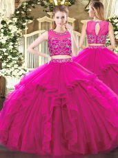 Custom Designed Tulle Sleeveless Floor Length 15th Birthday Dress and Beading and Ruffles