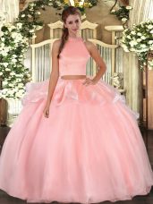 Pink Backless 15 Quinceanera Dress Beading Sleeveless Floor Length