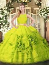 Yellow Green Two Pieces Tulle Scoop Sleeveless Ruffles Floor Length Zipper Vestidos de Quinceanera
