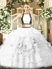 Two Pieces Quinceanera Gown White Halter Top Tulle Sleeveless Floor Length Zipper