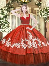 Wine Red V-neck Zipper Beading and Appliques Quince Ball Gowns Sleeveless