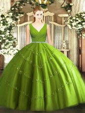 Pretty Olive Green Ball Gowns Tulle V-neck Sleeveless Beading Floor Length Zipper Sweet 16 Dress