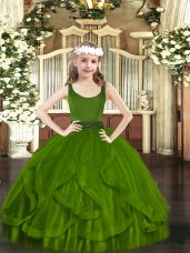 Custom Design Olive Green Scoop Neckline Beading and Ruffles Pageant Gowns For Girls Sleeveless Zipper