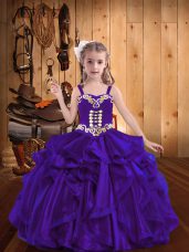 Trendy Straps Sleeveless Little Girls Pageant Gowns Floor Length Embroidery and Ruffles Purple Organza