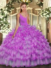 High Quality Lilac Sleeveless Beading and Ruffles Floor Length Quince Ball Gowns