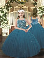 Teal Ball Gowns Tulle Straps Sleeveless Beading Floor Length Lace Up Kids Formal Wear