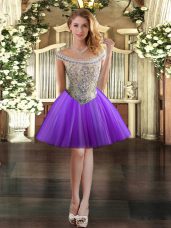 Great Tulle Off The Shoulder Sleeveless Lace Up Beading Prom Party Dress in Eggplant Purple