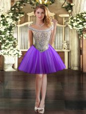 Great Tulle Off The Shoulder Sleeveless Lace Up Beading Prom Party Dress in Eggplant Purple