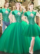 Flare Green Lace Up Quince Ball Gowns Beading Sleeveless Floor Length