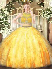 Noble Scoop Sleeveless Zipper Quince Ball Gowns Orange Tulle