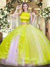 Flirting High-neck Sleeveless Criss Cross Quinceanera Gowns Yellow Green Tulle
