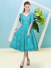 Simple Teal Lace Up V-neck Bowknot Bridesmaids Dress Lace Half Sleeves