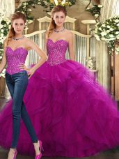 Fuchsia Two Pieces Sweetheart Sleeveless Organza Floor Length Lace Up Beading and Ruffles Quince Ball Gowns