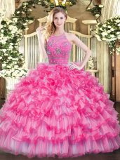 Vintage Halter Top Sleeveless Tulle Sweet 16 Dresses Beading and Ruffled Layers Zipper