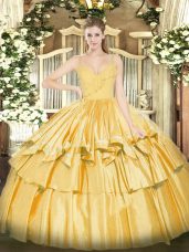 Extravagant Sleeveless Floor Length Ruffled Layers Zipper Quinceanera Dresses with Gold