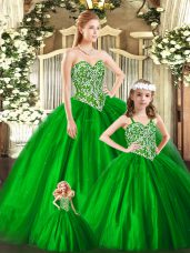 Green Tulle Lace Up Vestidos de Quinceanera Sleeveless Floor Length Beading