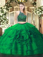 Floor Length Two Pieces Sleeveless Green Sweet 16 Dresses Zipper