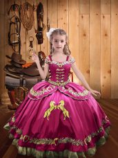 Hot Pink Sleeveless Floor Length Beading and Embroidery Lace Up Pageant Gowns For Girls