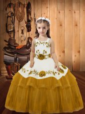 Exquisite Floor Length Ball Gowns Sleeveless Gold Party Dress for Toddlers Lace Up