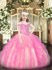 Custom Design Rose Pink Lace Up Kids Pageant Dress Beading and Ruffles Sleeveless Floor Length