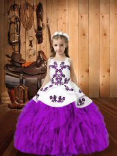 Fancy Eggplant Purple Ball Gowns Embroidery and Ruffles Party Dresses Lace Up Organza Sleeveless Floor Length