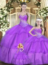 Lilac Sleeveless Beading and Ruffles and Ruching Floor Length Quinceanera Gowns