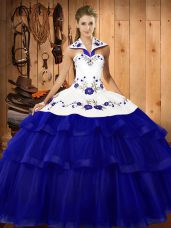Halter Top Sleeveless Sweep Train Lace Up Quinceanera Dresses Royal Blue Organza