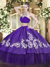 Inexpensive Floor Length Purple 15 Quinceanera Dress High-neck Sleeveless Backless